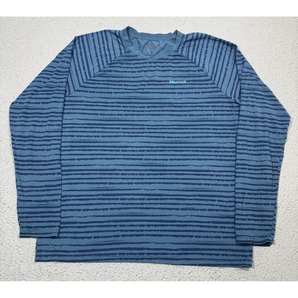 Marmot Shirt Mens Large Blue Long Sleeve Raglan Striped Hiking Performance Top